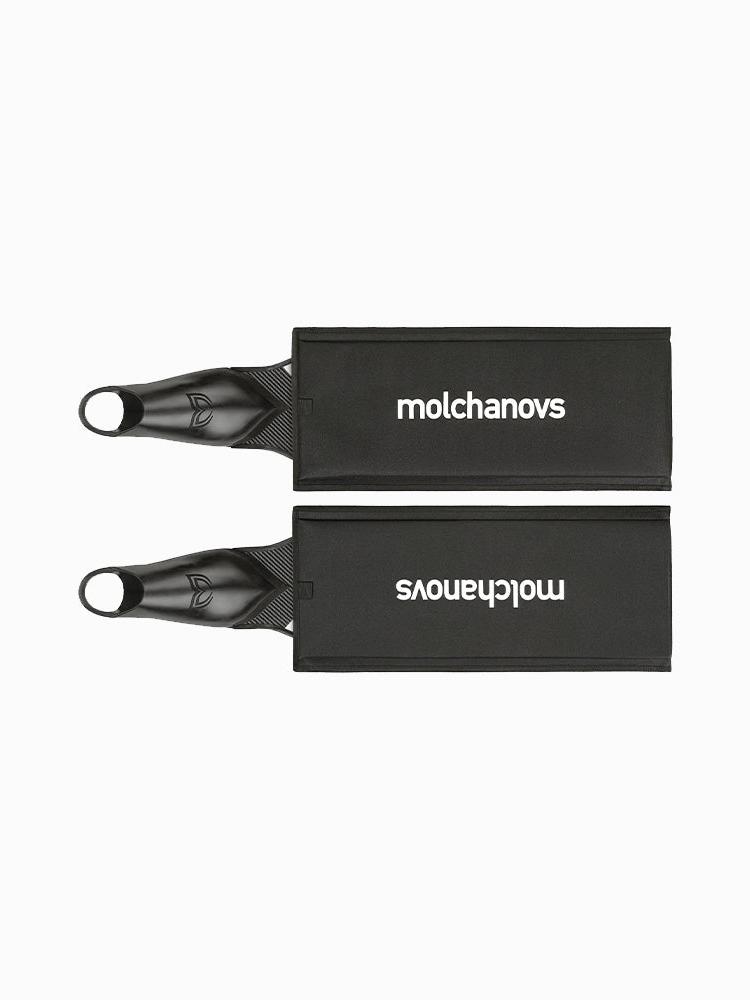 Pair of Molchanovs bifin blade protectors shown closed on two fins, front view