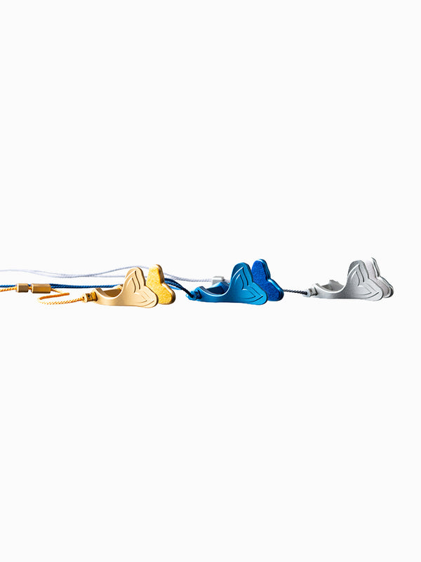 Molchanovs freediving noseclips in gold, blue, and silver colorways with braided cords
