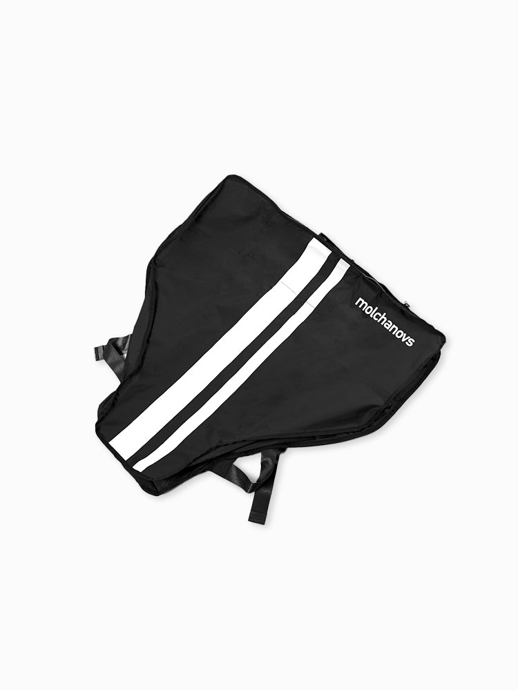Molchanovs monofin bag in black with white stripe, shown open and laid flat