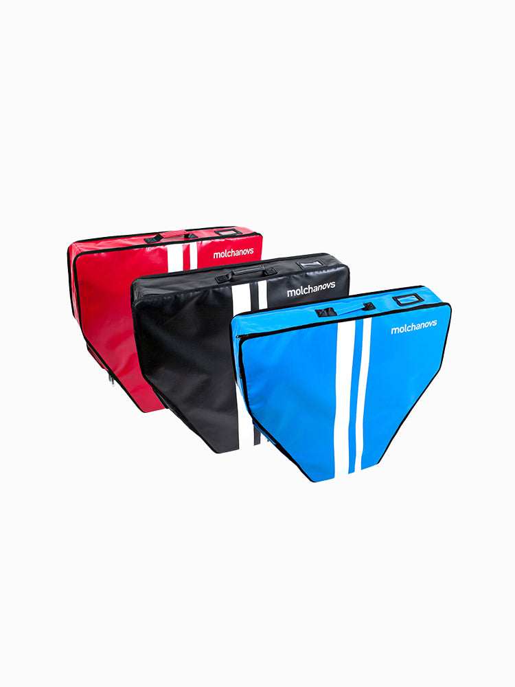 Molchanovs monofin travel bags in red, black, and blue, three sizes shown together