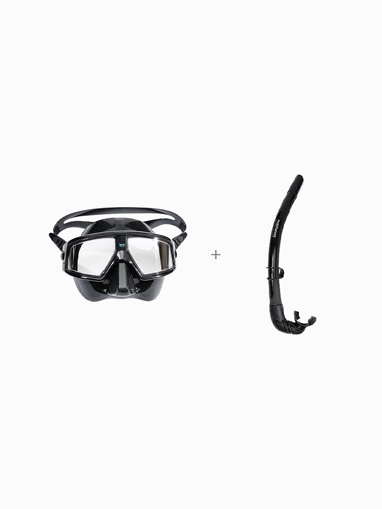 Molchanovs CORE freediving mask and snorkel bundle in black on a white background
