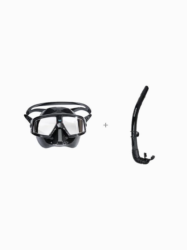 Molchanovs CORE freediving mask and snorkel bundle in black on a white background