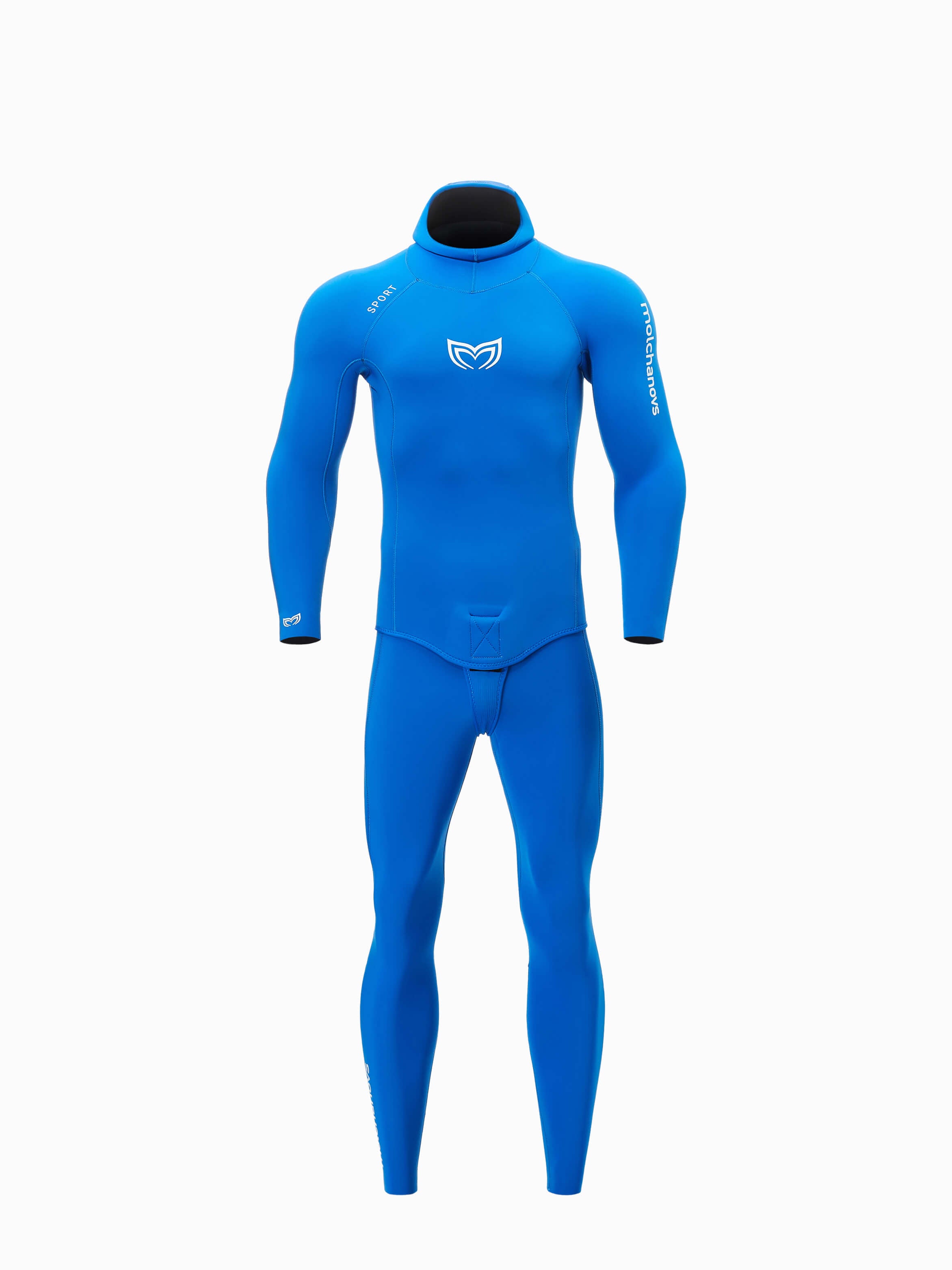Molchanovs SPORT men's freediving wetsuit outside-lined, blue, hooded two-piece, front view without hood on