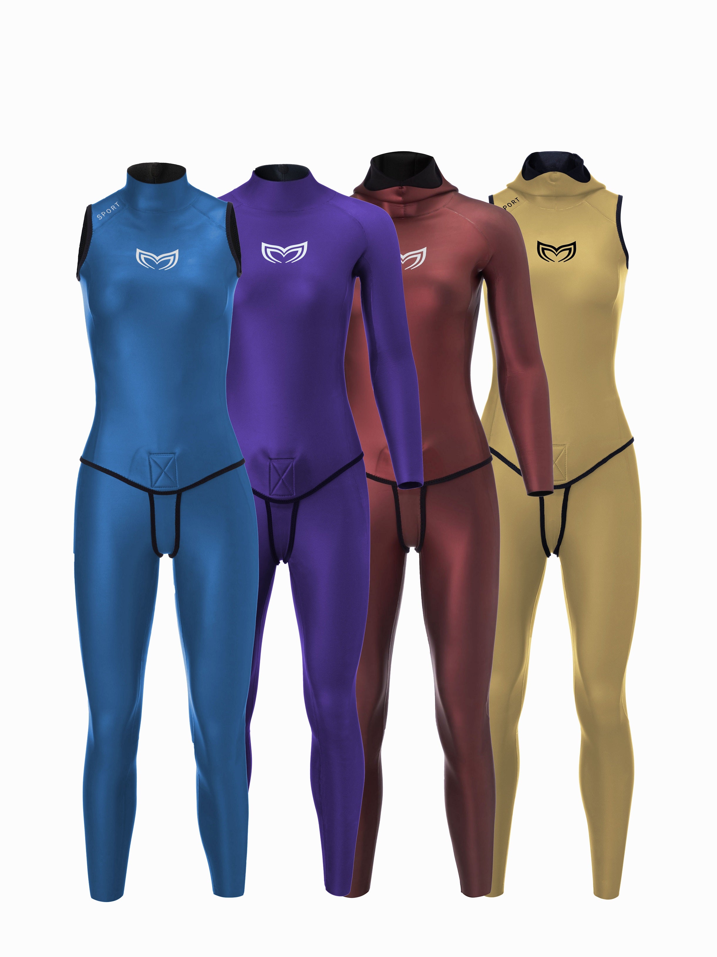 Molchanovs women's freediving wetsuits in four styles: sleeveless blue, long-sleeve purple, long-sleeve burgundy, and sleeveless gold