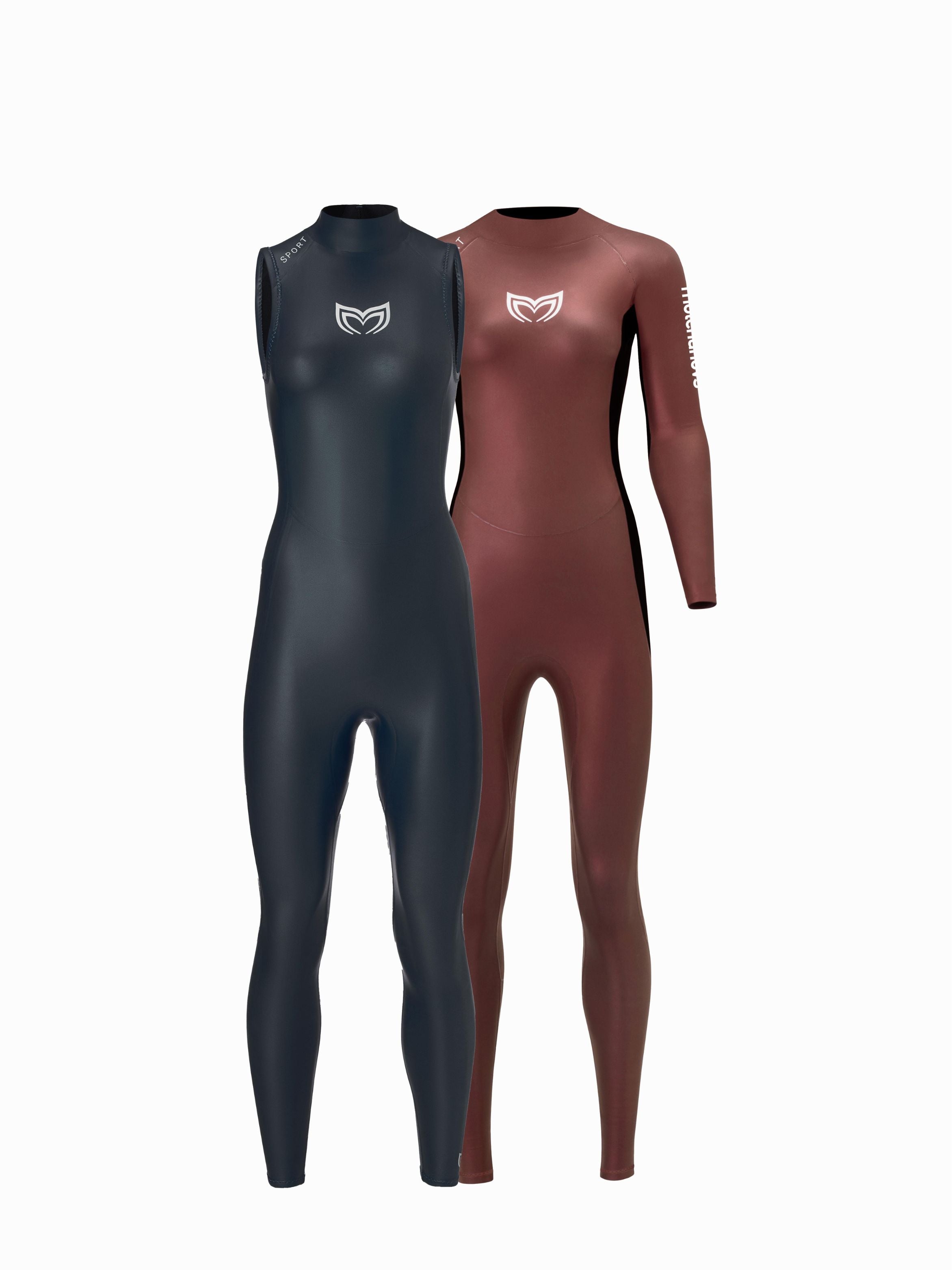 Molchanovs SPORT women's freediving wetsuits in navy sleeveless and dark red long-sleeve styles, front view