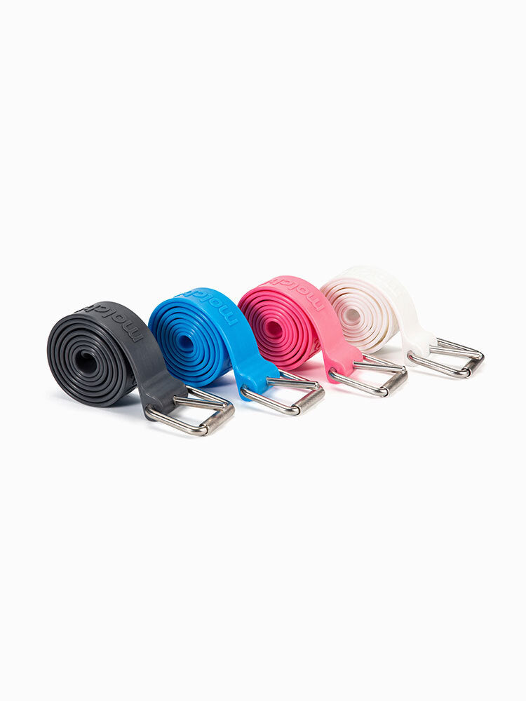 Molchanovs freediving weight belts in four colours, black, blue, pink, and white, with stainless steel buckles