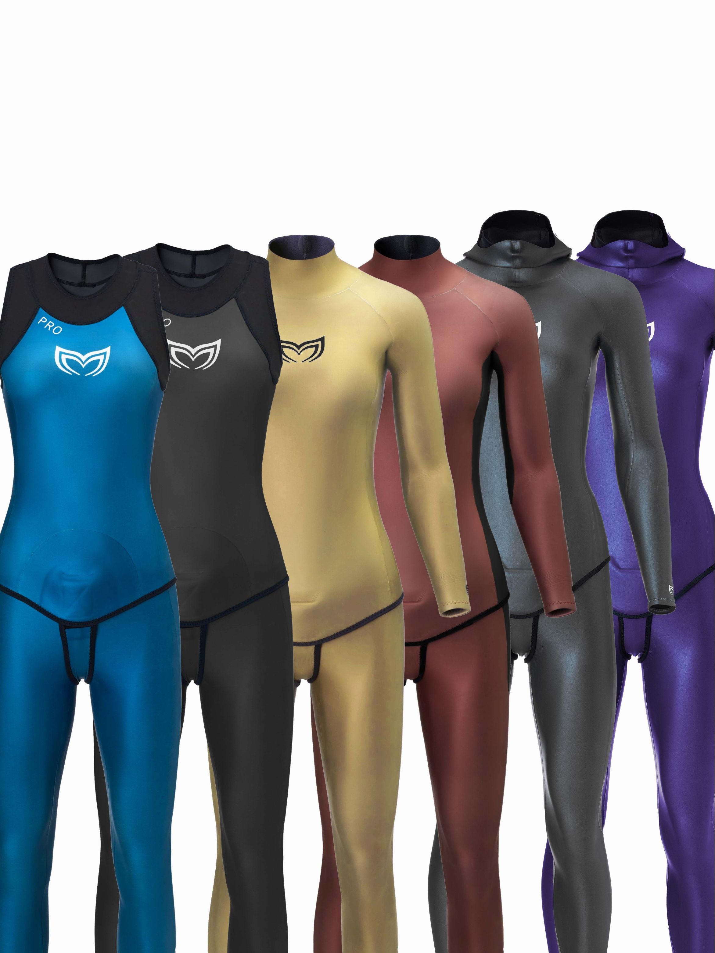 Molchanovs PRO women's freediving wetsuit colour range: blue, charcoal, gold, terracotta, grey, and purple options shown