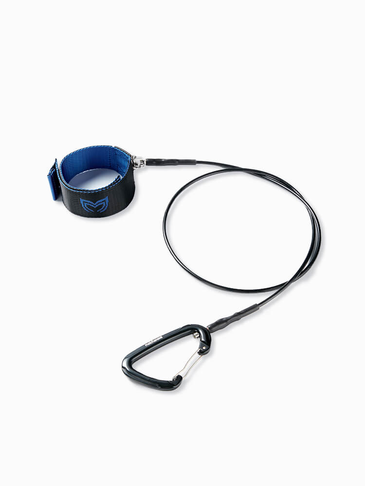 Molchanovs 3.5mm freediving lanyard laid flat showing wrist cuff with blue lining and branded carabiner clip