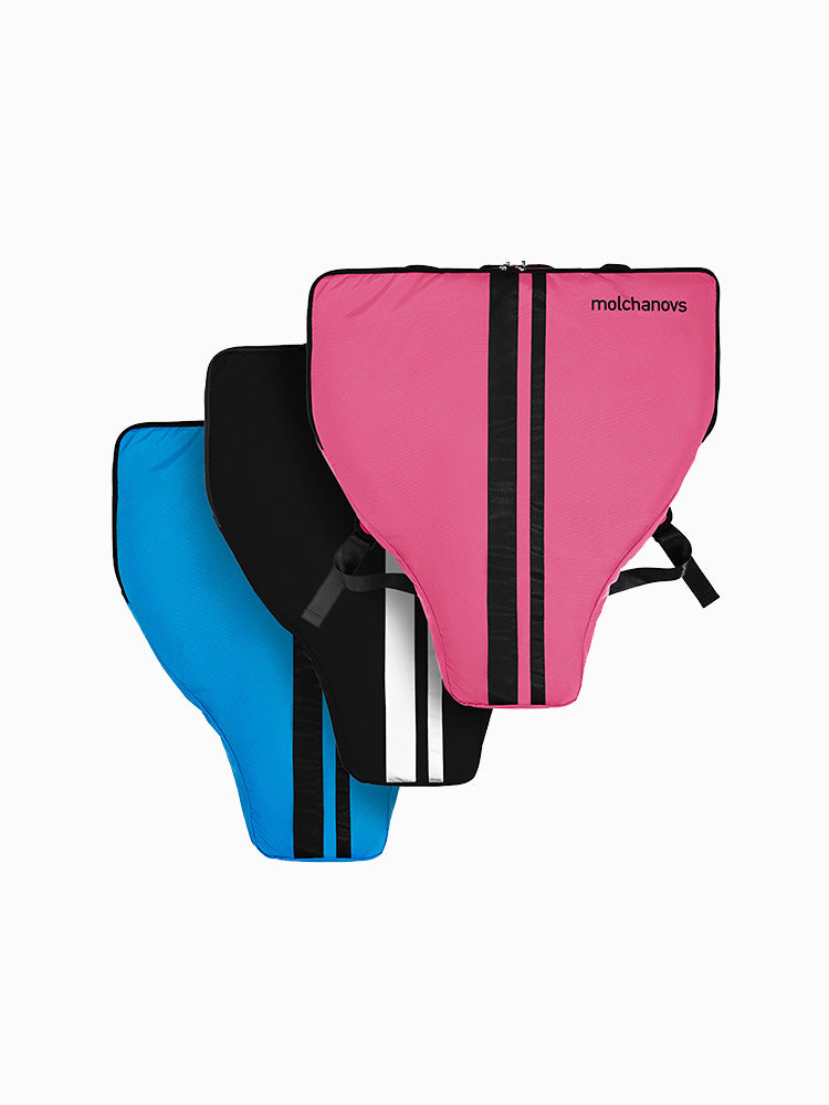 Molchanovs monofin bags in pink, black, and blue stacked together