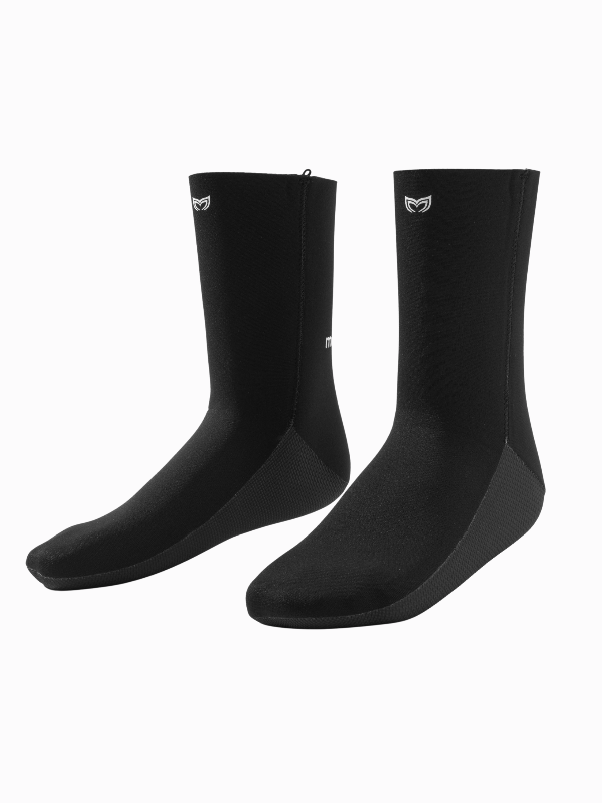Pair of Molchanovs black neoprene freediving socks standing upright, front view showing Molchanovs logo and textured soles