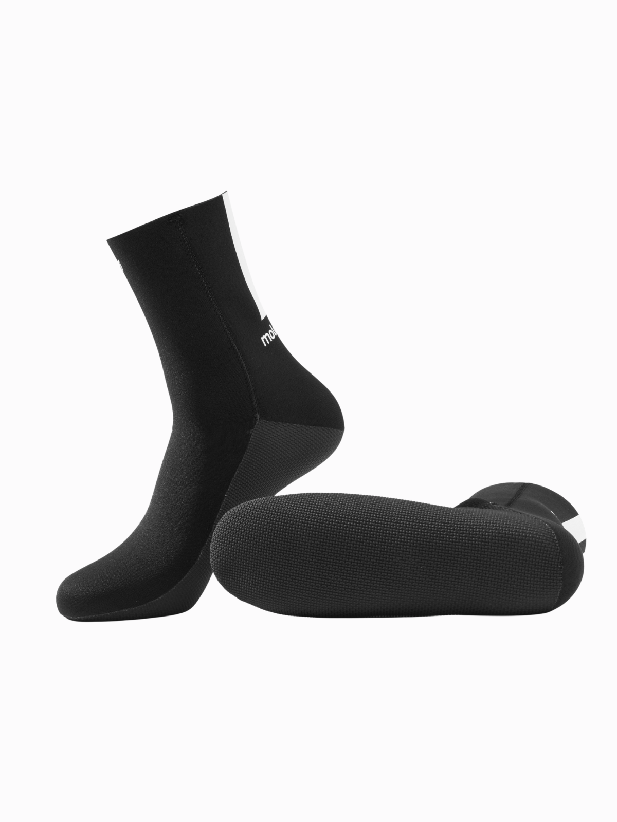 Molchanovs freediving neoprene sock, side and sole view showing textured grip sole and white stripe on cuff