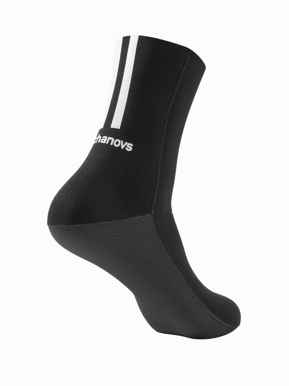 Molchanovs freediving neoprene sock, rear view showing heel, textured sole, white stripe, and Molchanovs wordmark