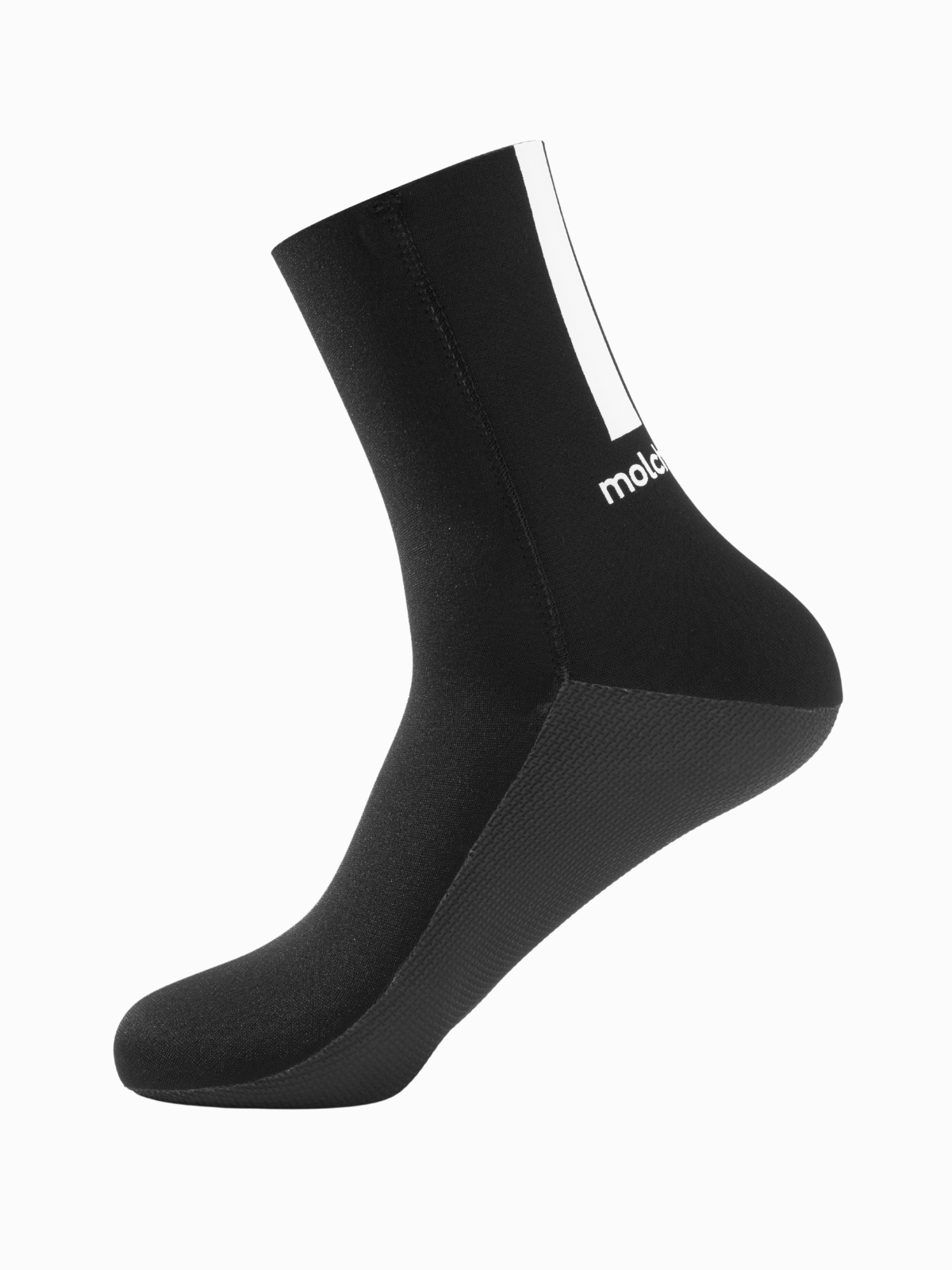 Molchanovs black neoprene freediving sock, front-side angle showing full cuff height, white stripe, and non-slip sole
