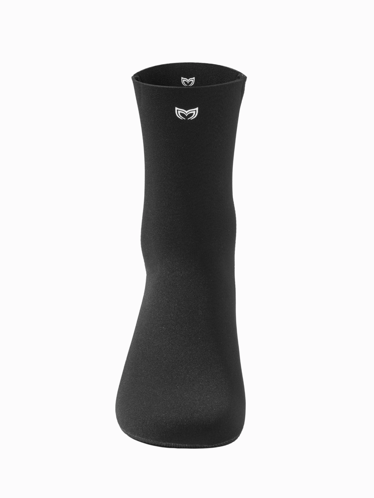 Molchanovs neoprene freediving sock interior, top-down view of the open cuff with Molchanovs wing logo
