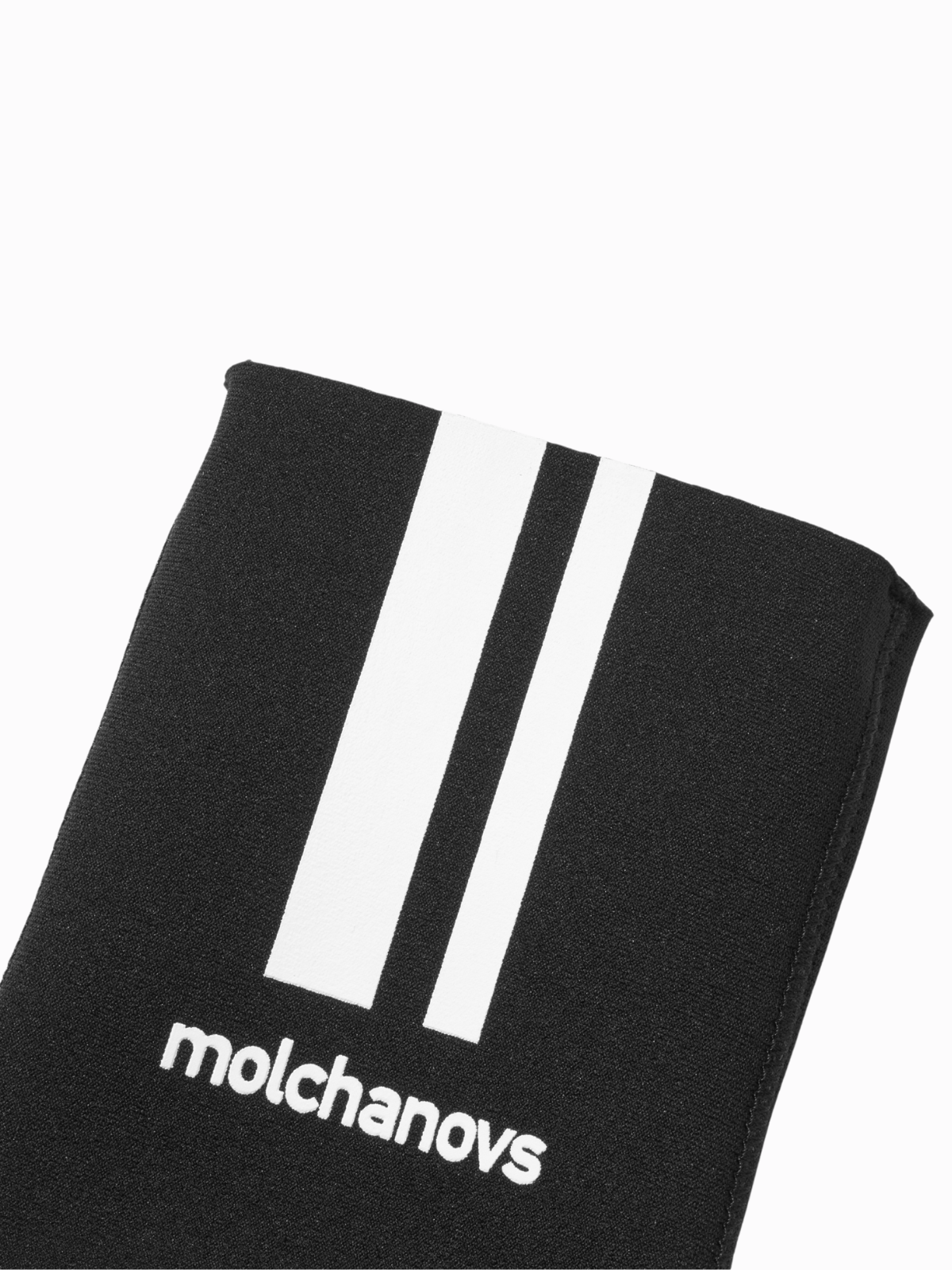 Close-up of Molchanovs freediving sock cuff showing white racing stripe panel and embroidered Molchanovs wordmark