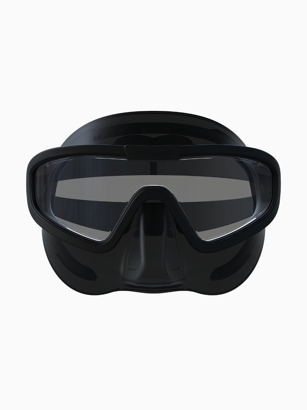 Molchanovs Mobula low volume diving mask, front view, black silicone skirt and single panoramic lens