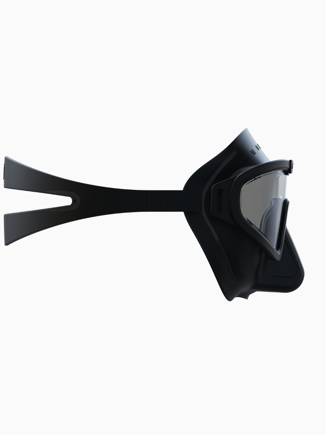 Molchanovs Mobula low volume diving mask, side view showing split strap, compact frame depth and lens edge