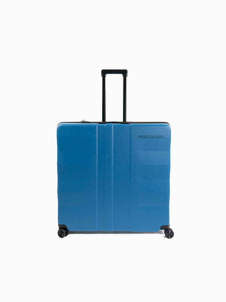 Molchanovs freediving hard case in blue, front view with telescoping handle extended