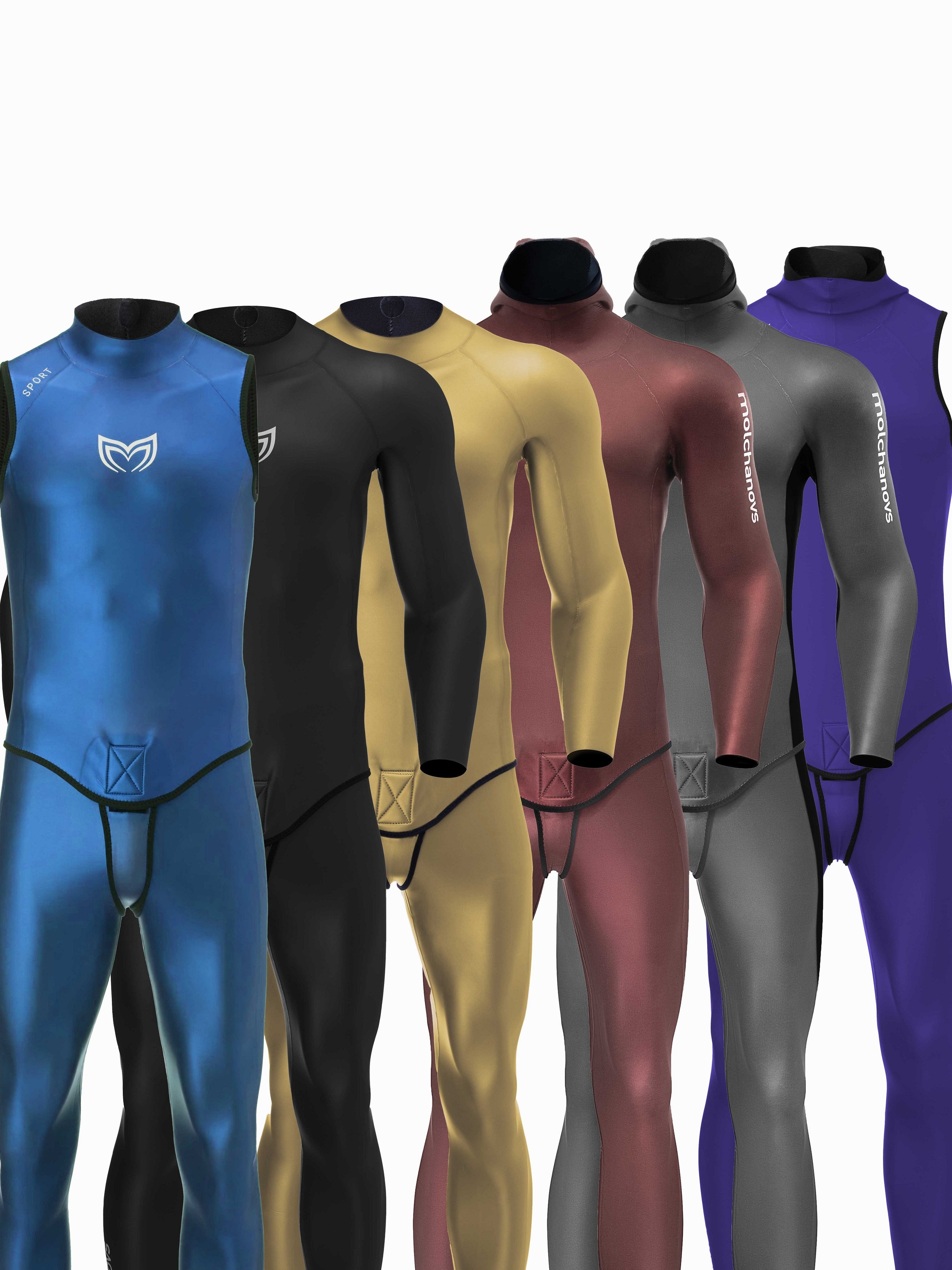Molchanovs SPORT men's smooth skin freediving wetsuit in six colour variants including blue, black, gold, burgundy, grey, and purple