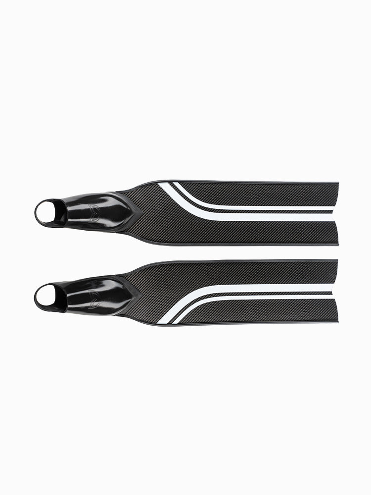 Molchanovs PRO Bifins 3 Carbon freediving fins with white stripe, pair shown top and bottom view
