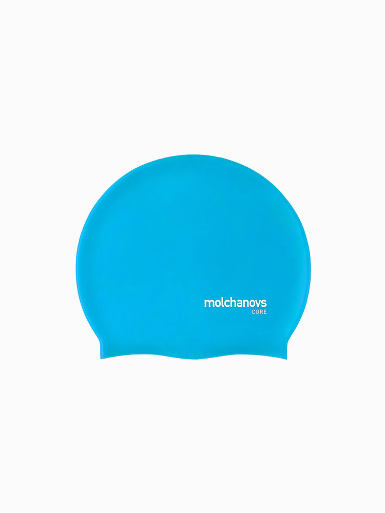 Molchanovs CORE silicone swim cap in light blue, flat lay on white background
