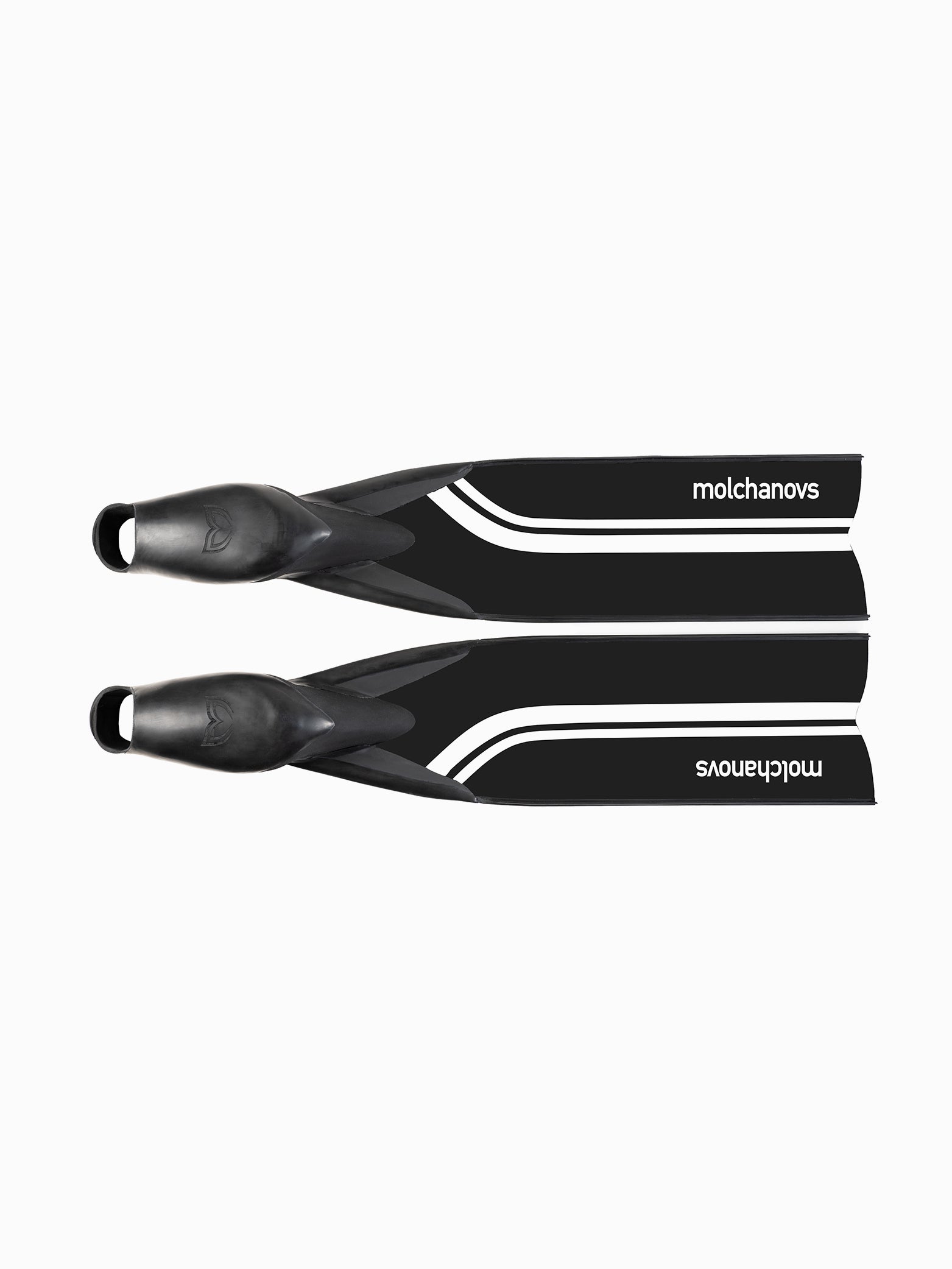 Molchanovs PRO Hyper Bifins X Fiberglass in black with white stripe, pair shown from above
