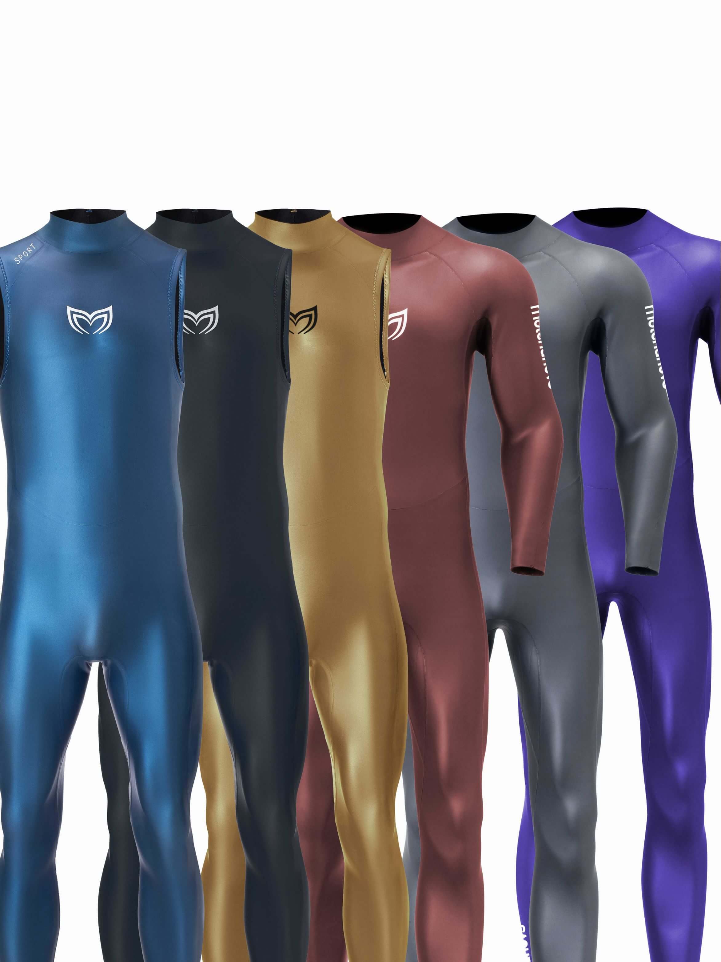 Molchanovs SPORT one-piece wetsuit colour range: blue, black, gold, burgundy, grey, and purple