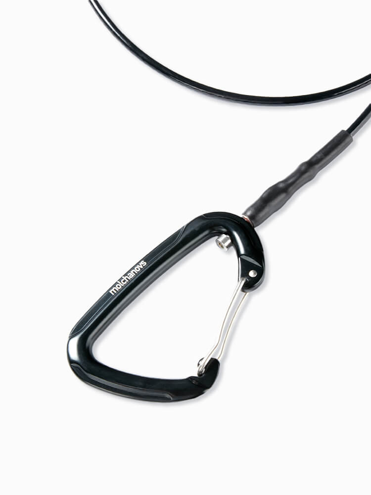 Close-up of the Molchanovs freediving lanyard carabiner clip and coated stainless cable