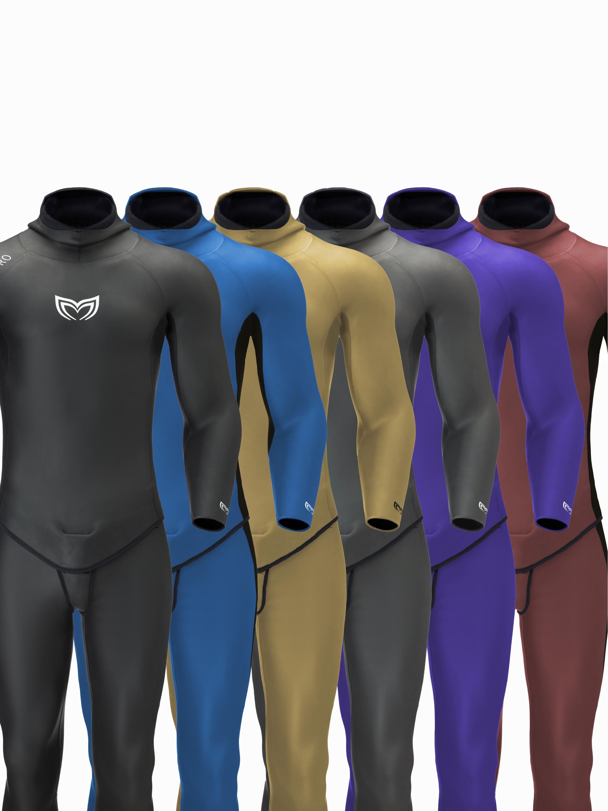 Molchanovs PRO unlined freediving wetsuit shown in six colour options: black, blue, gold, dark grey, purple, and brown