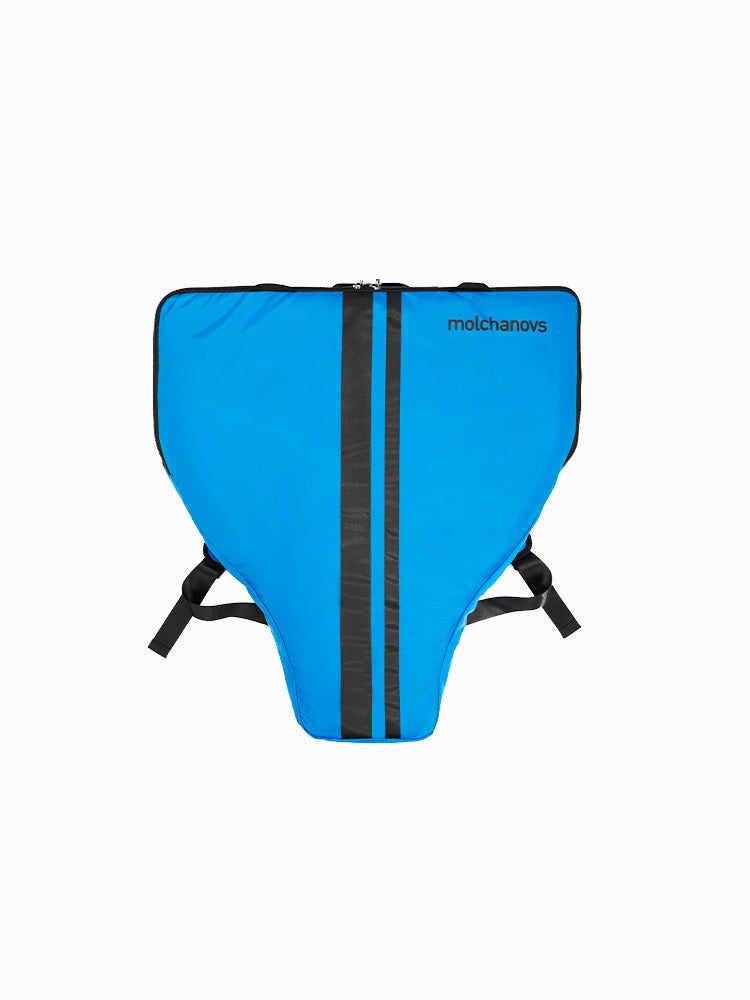 Molchanovs monofin bag in blue, front view, showing zipper closure, carry handle, and side straps
