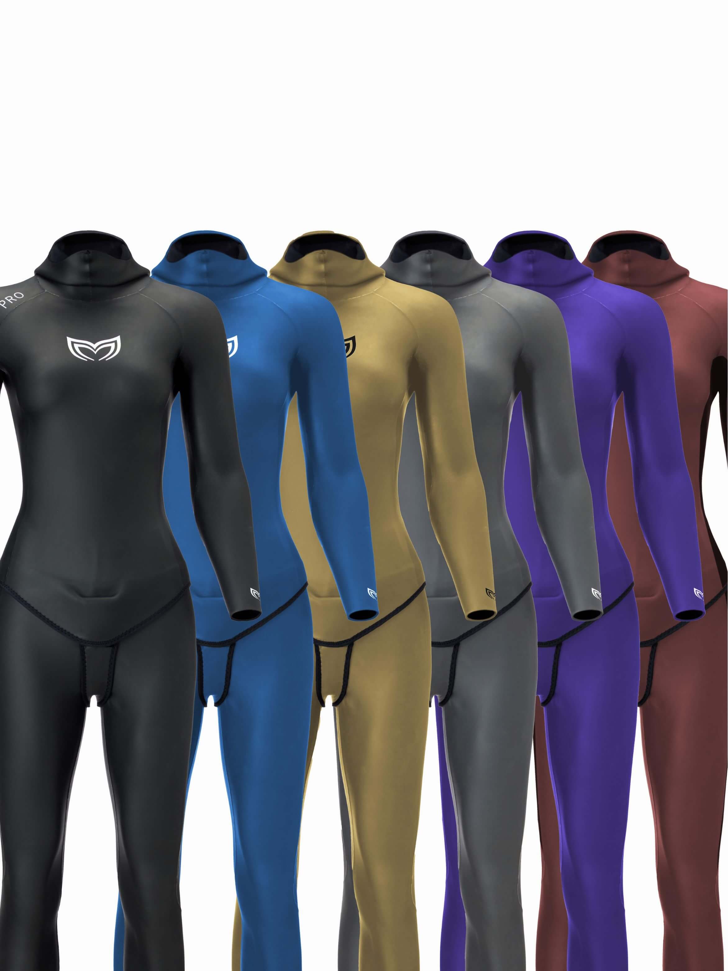Molchanovs PRO women unlined wetsuit shown in six color options: black, blue, gold, grey, purple, and dark red