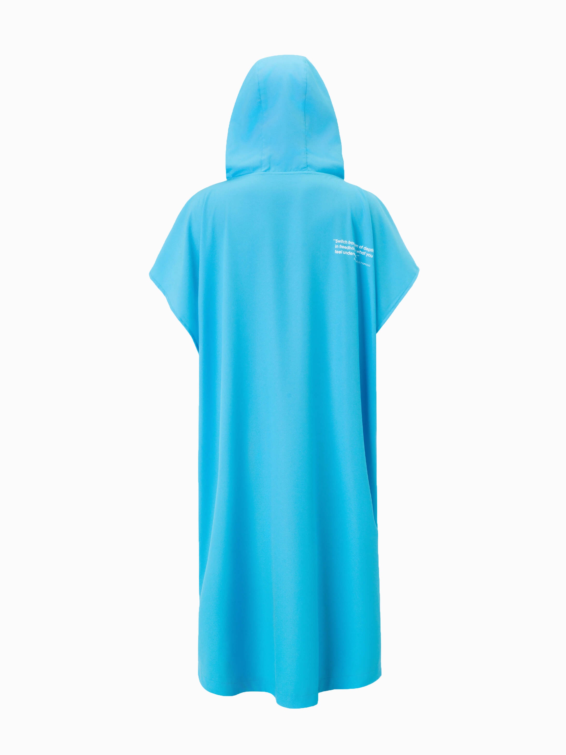 Molchanovs poncho towel in blue, rear view showing printed quote on upper back