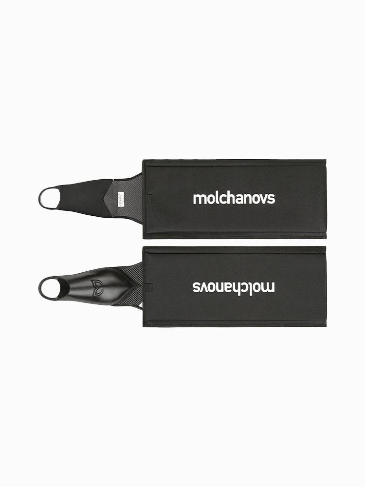 Molchanovs bifin blade protectors fitted over carbon fin blades, pair shown side by side