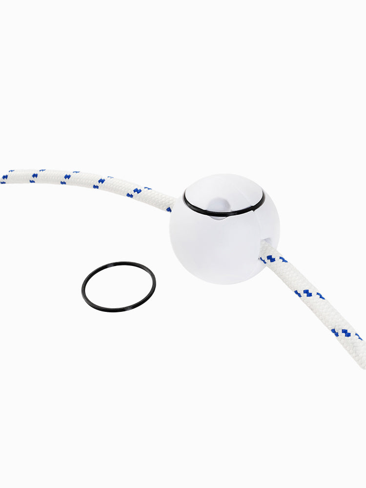 Molchanovs lanyard stopper threaded onto a white and blue freediving rope, with a black o-ring beside it