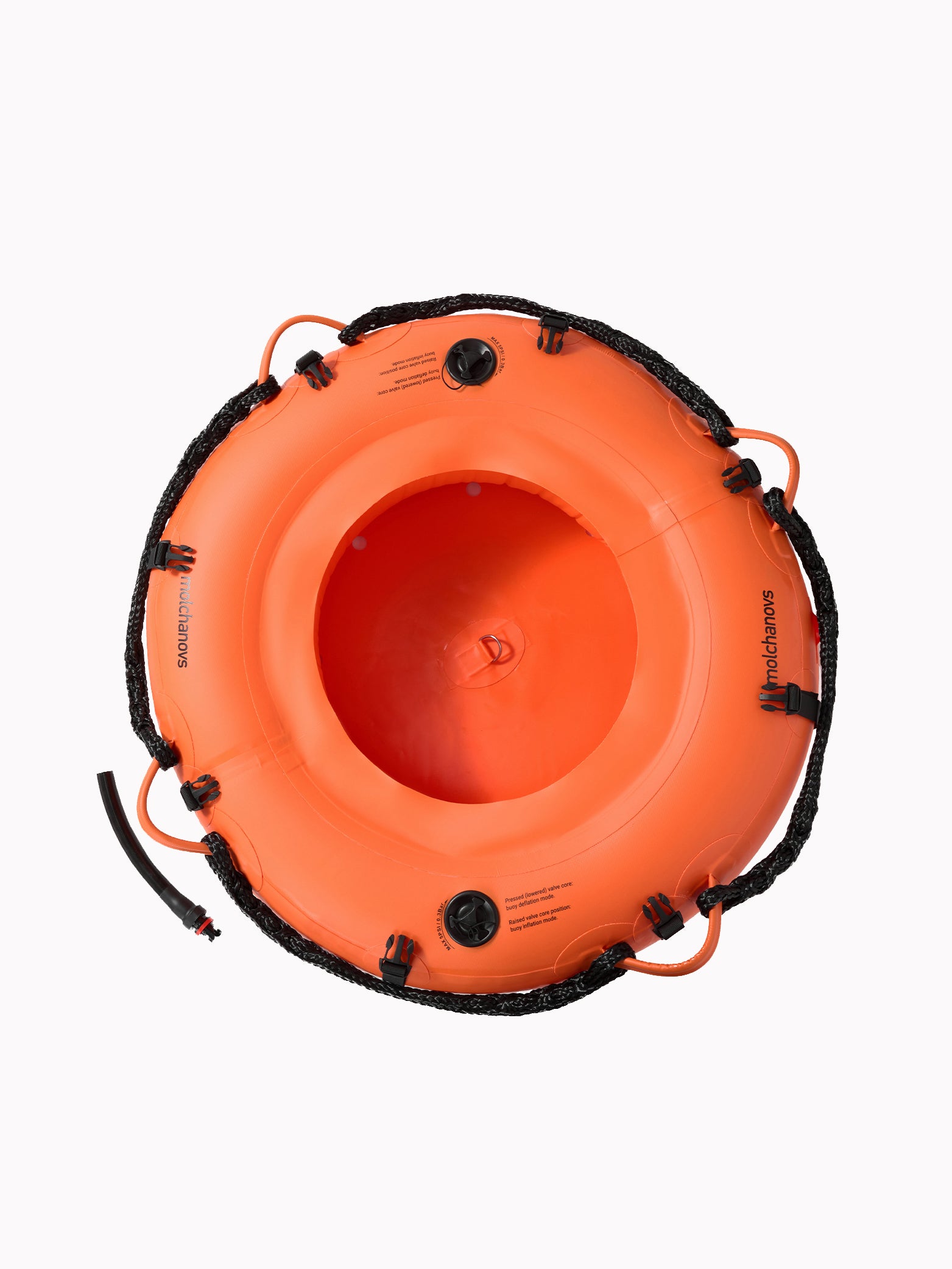 Molchanovs PRO freediving buoy, hollow underside view, showing the D-ring anchor point, inflation hose, and perimeter rope