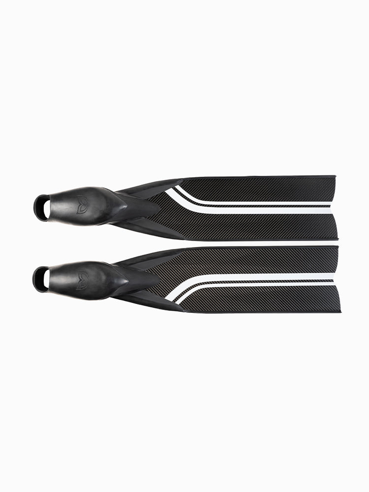 Molchanovs PRO Hyper Carbon Bifins in white stripe colour option, pair laid flat on white background
