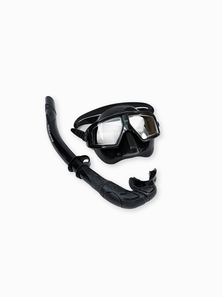 Molchanovs CORE freediving mask paired with snorkel in black, angled side view on a white background