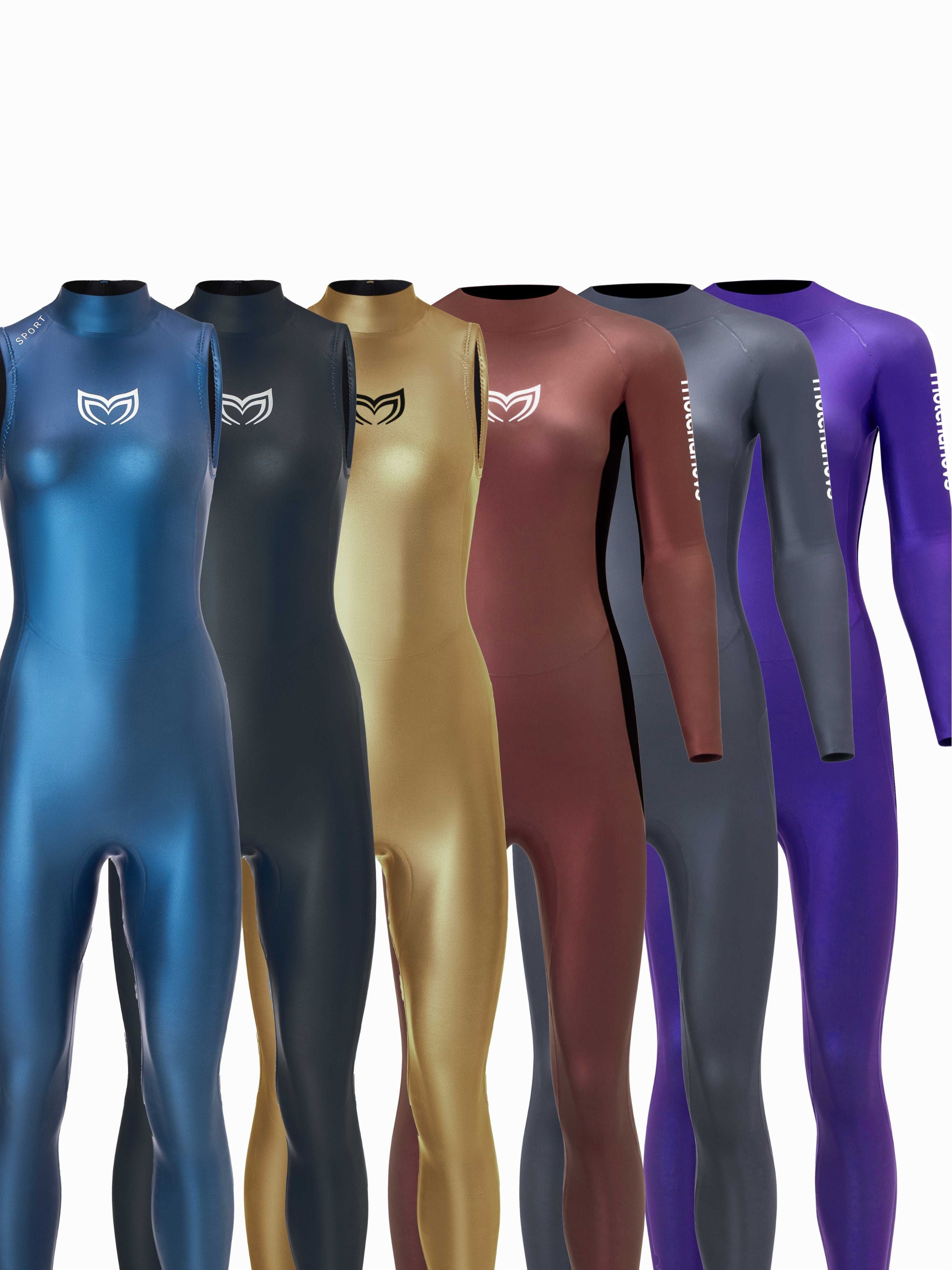 Molchanovs SPORT women's one-piece wetsuit colour range including blue, black, gold, mauve, grey, and purple, front view
