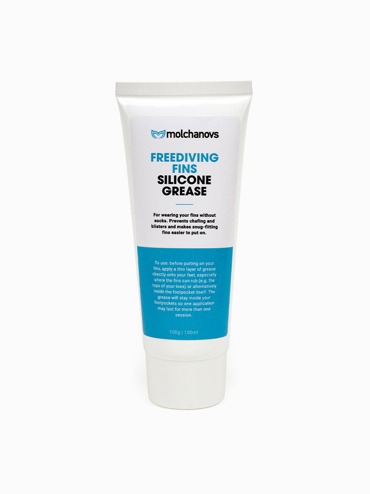 Molchanovs Freediving Fins Silicone Grease 100g tube, front label showing usage instructions