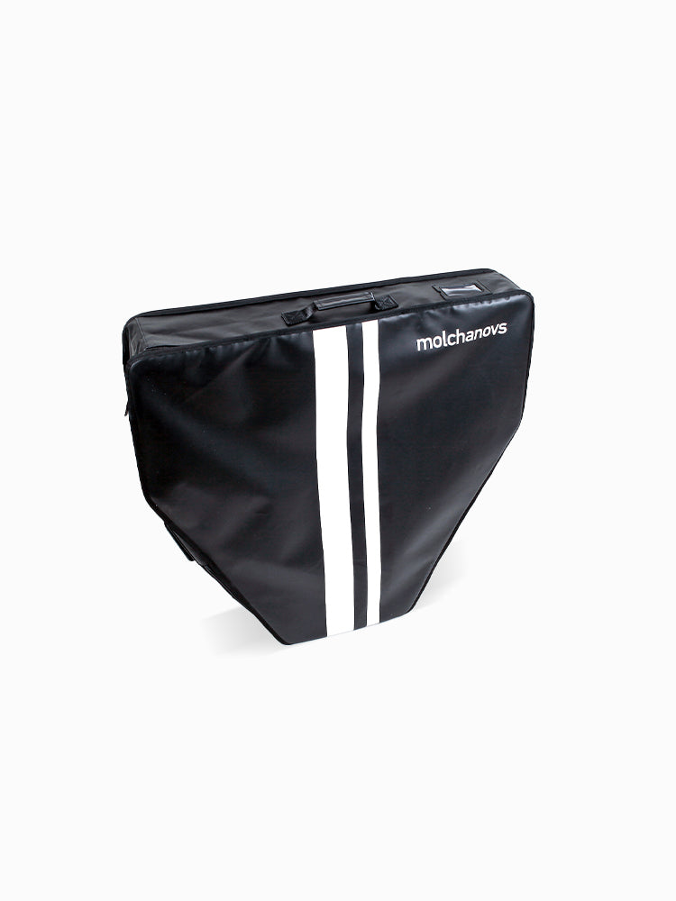 Molchanovs hard monofin bag in black with white racing stripes, front view