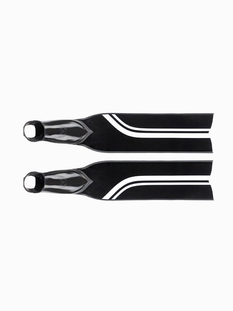 Pair of Molchanovs PRO Bifins 3 Fiberglass blades, black with white stripe, top view on white background