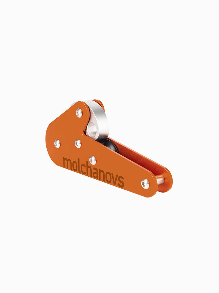 Molchanovs A6061 rope pulley angled view showing the aluminum roller and mounting screws on the orange body