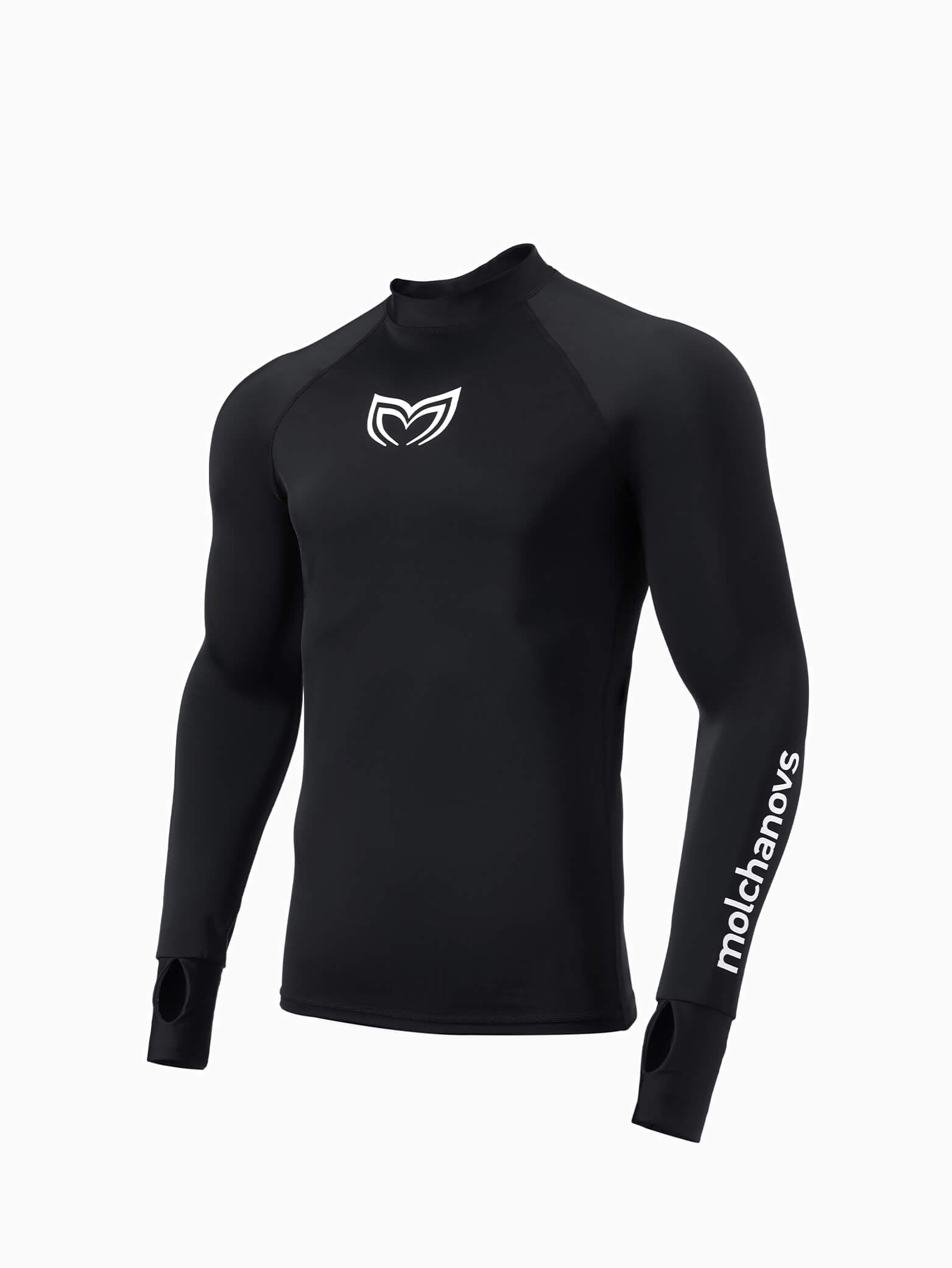 Molchanovs Men's UPF 50+ rash guard in black, three-quarter front view showing Molchanovs sleeve print and thumb loop
