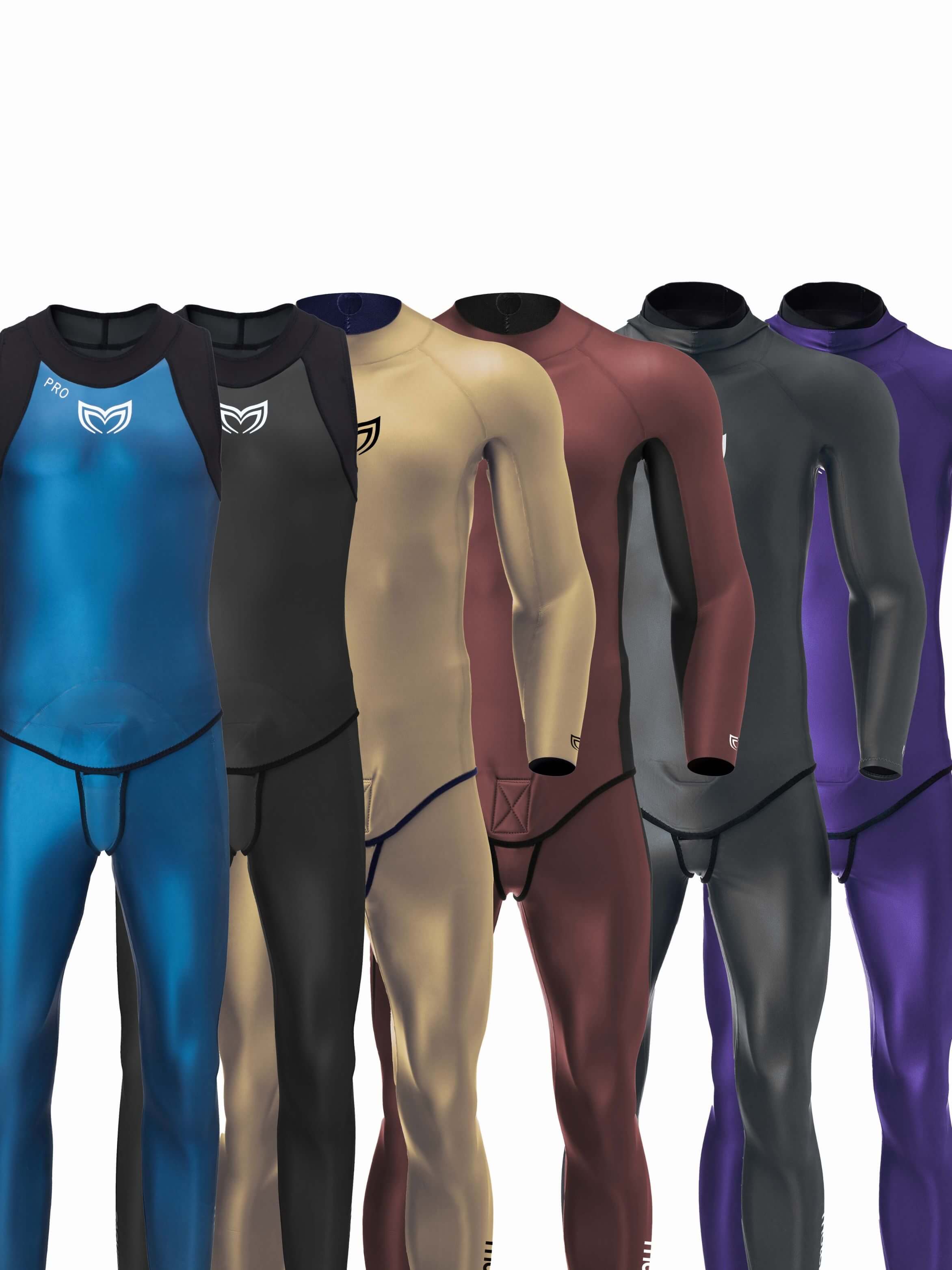 Molchanovs PRO Men's freediving wetsuit colour options including blue, black, tan, burgundy, charcoal, and purple