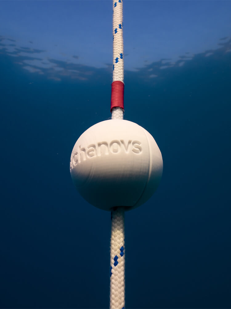 Molchanovs lanyard stopper on a freediving dive line underwater, showing in-water position on rope