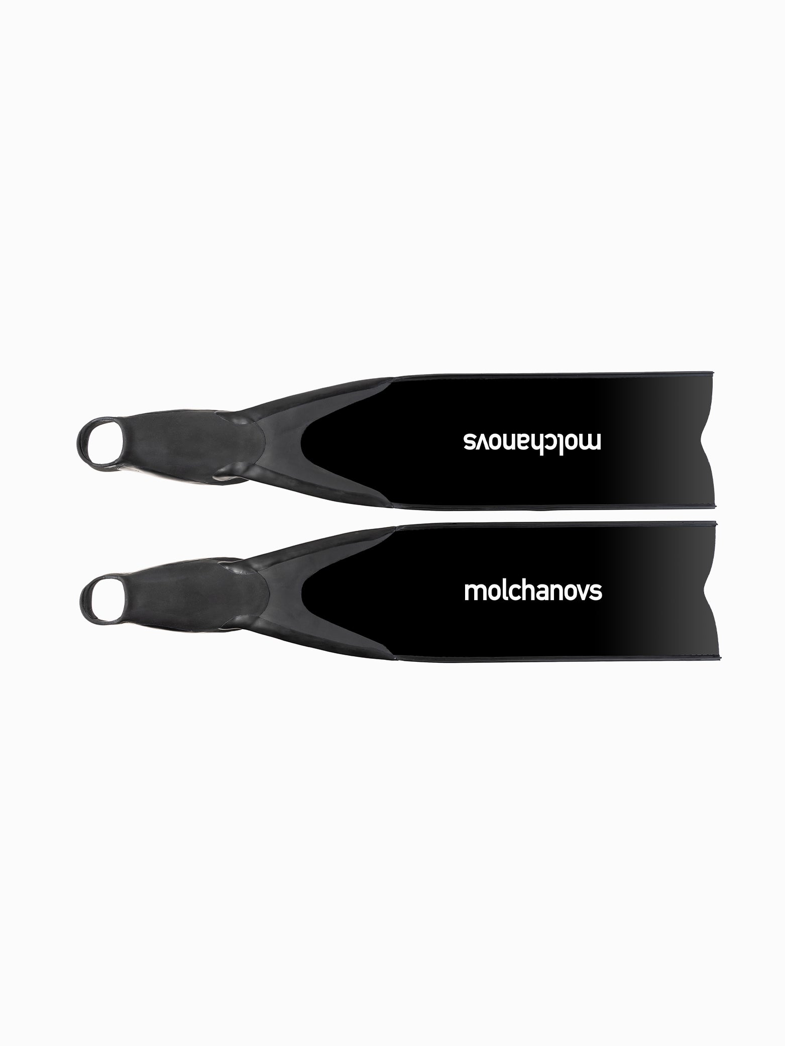 Molchanovs PRO Hyper Bifins X Fiberglass blade detail showing monofin-style foot pocket, top-down view