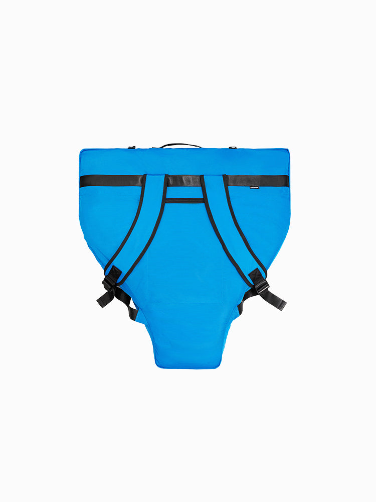 Molchanovs monofin bag in blue, rear view, showing padded backpack straps and buckle closures