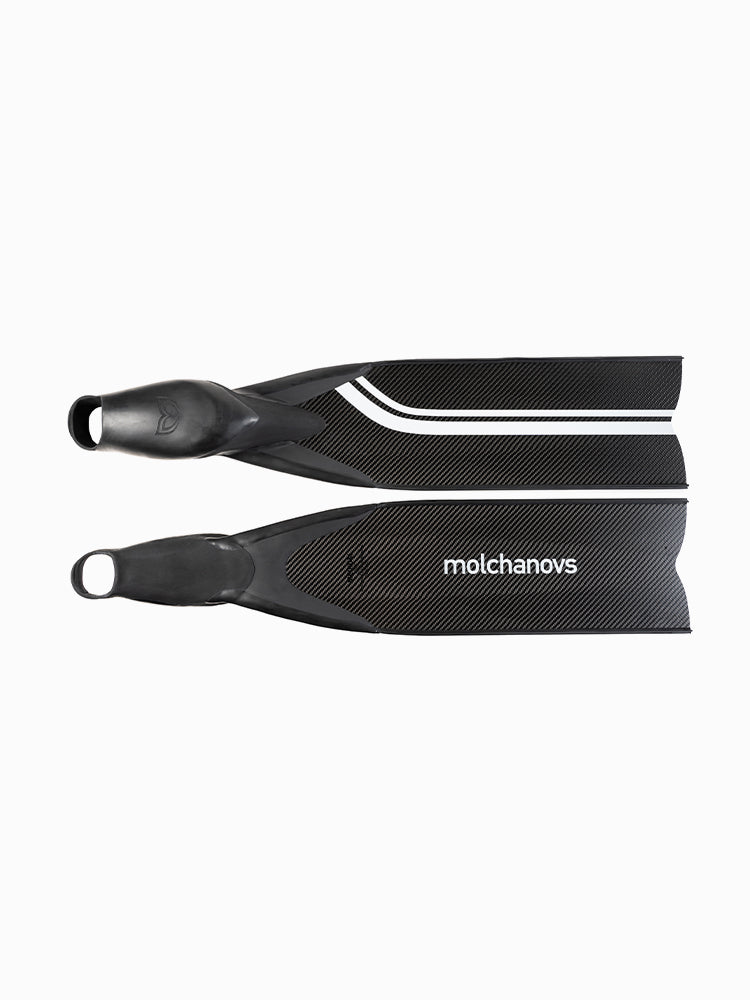 Molchanovs PRO Hyper Carbon Bifins white stripe pair showing blade top and underside, with molchanovs branding on the lower blade
