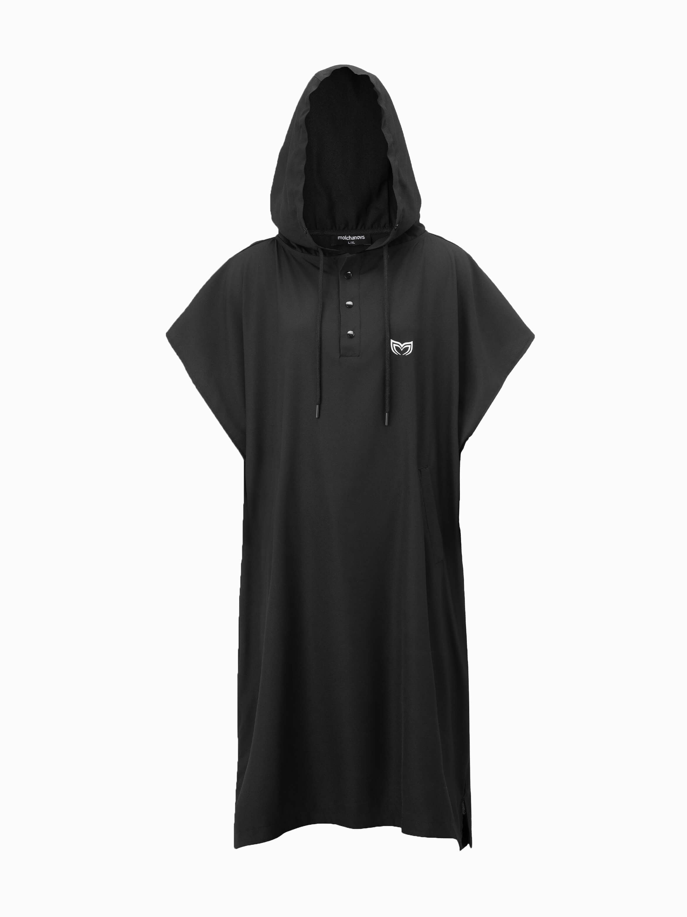 Molchanovs lightweight poncho towel in black, front view, with hood, snap buttons, and drawstring