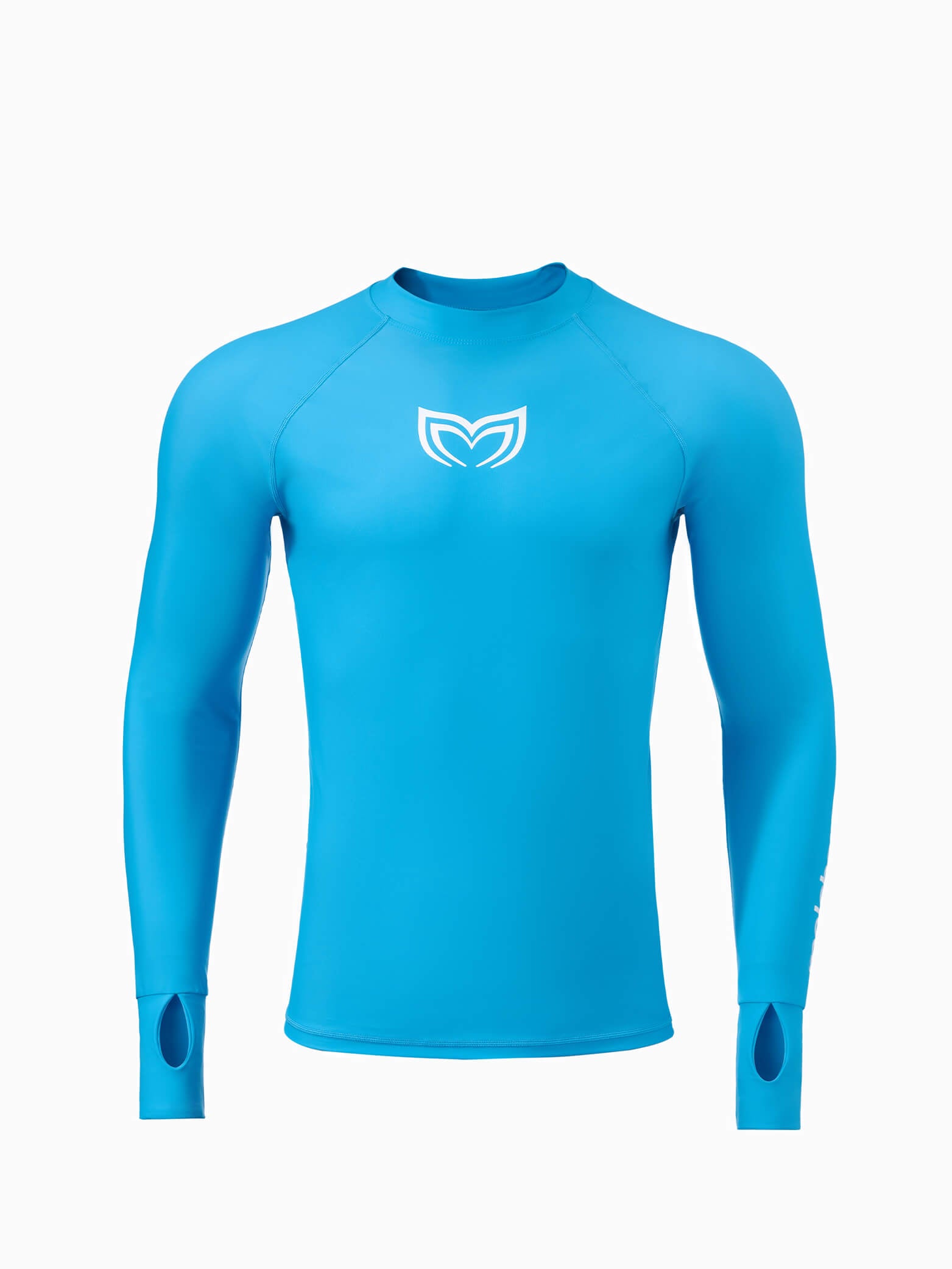 Molchanovs Men's UPF 50+ rash guard in blue, long-sleeve mock neck, front view with Molchanovs logo on chest
